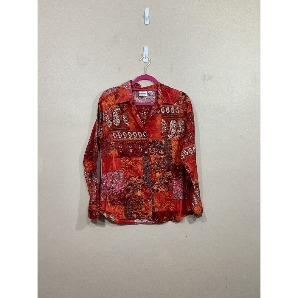 Chicos Womens Paisley Button Down Shirt 1 (M/8) Orange Boho Colorful Patchwork